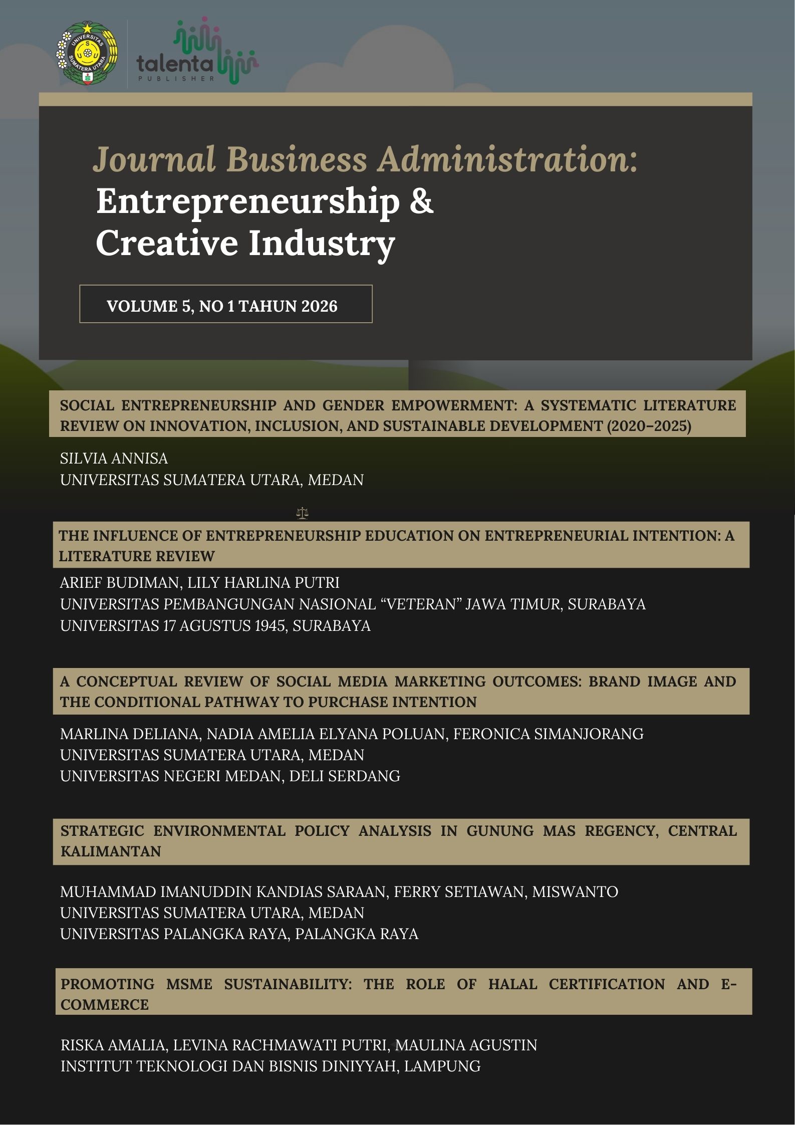 					View Vol. 5 No. 1 (2026): Journal Business Administration: Entrepreneurship & Creative Industry
				